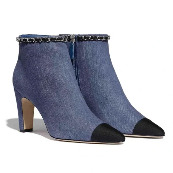 Chanel 20C Blue Denim Fabric Black Chain CC Logo Short Ankle Heel Boot Bootie 38 - Picture 3 of 12